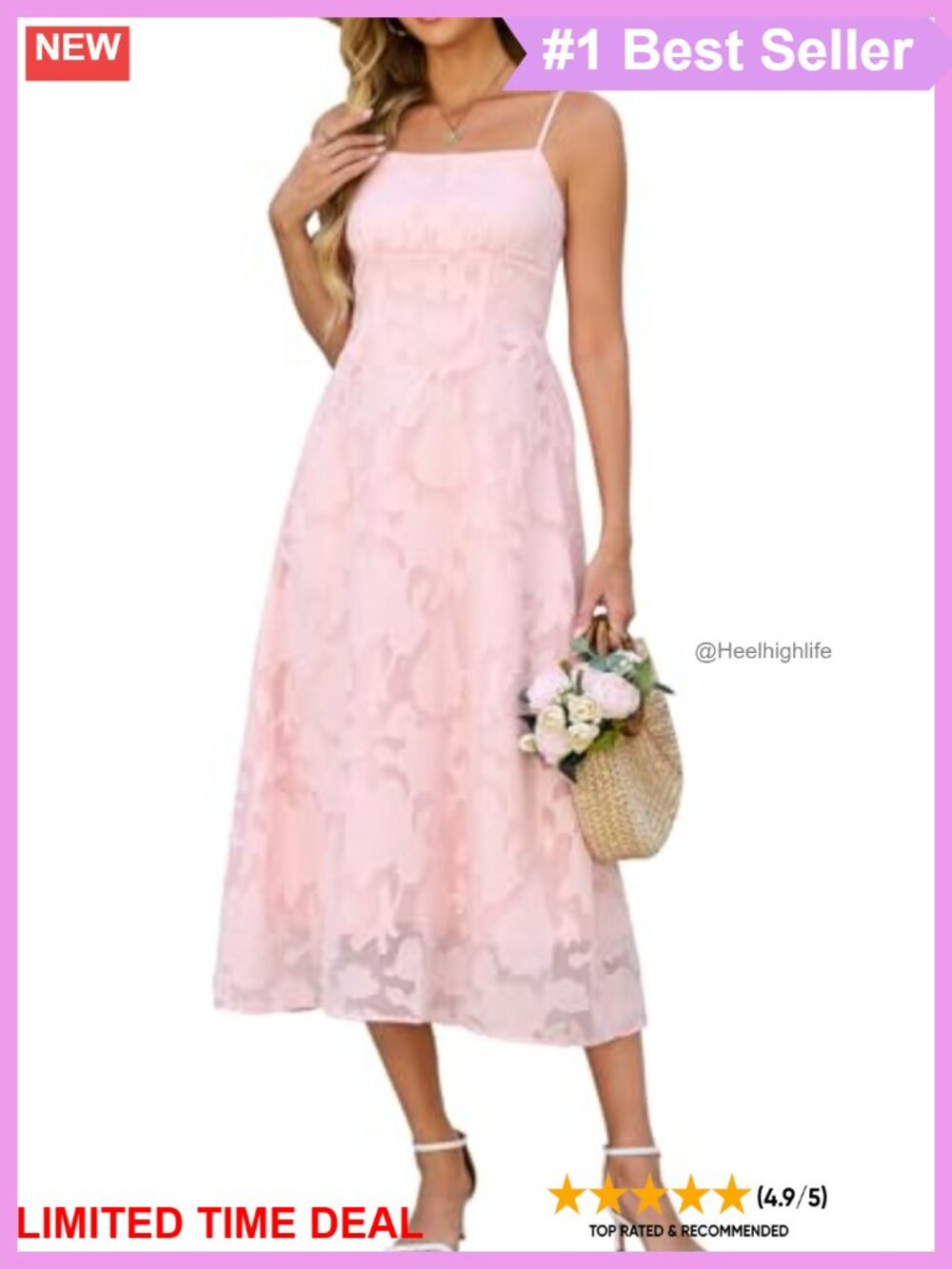 Jacquard A-Line Midi Dress Spaghetti Strap Smocked Back Formal Party